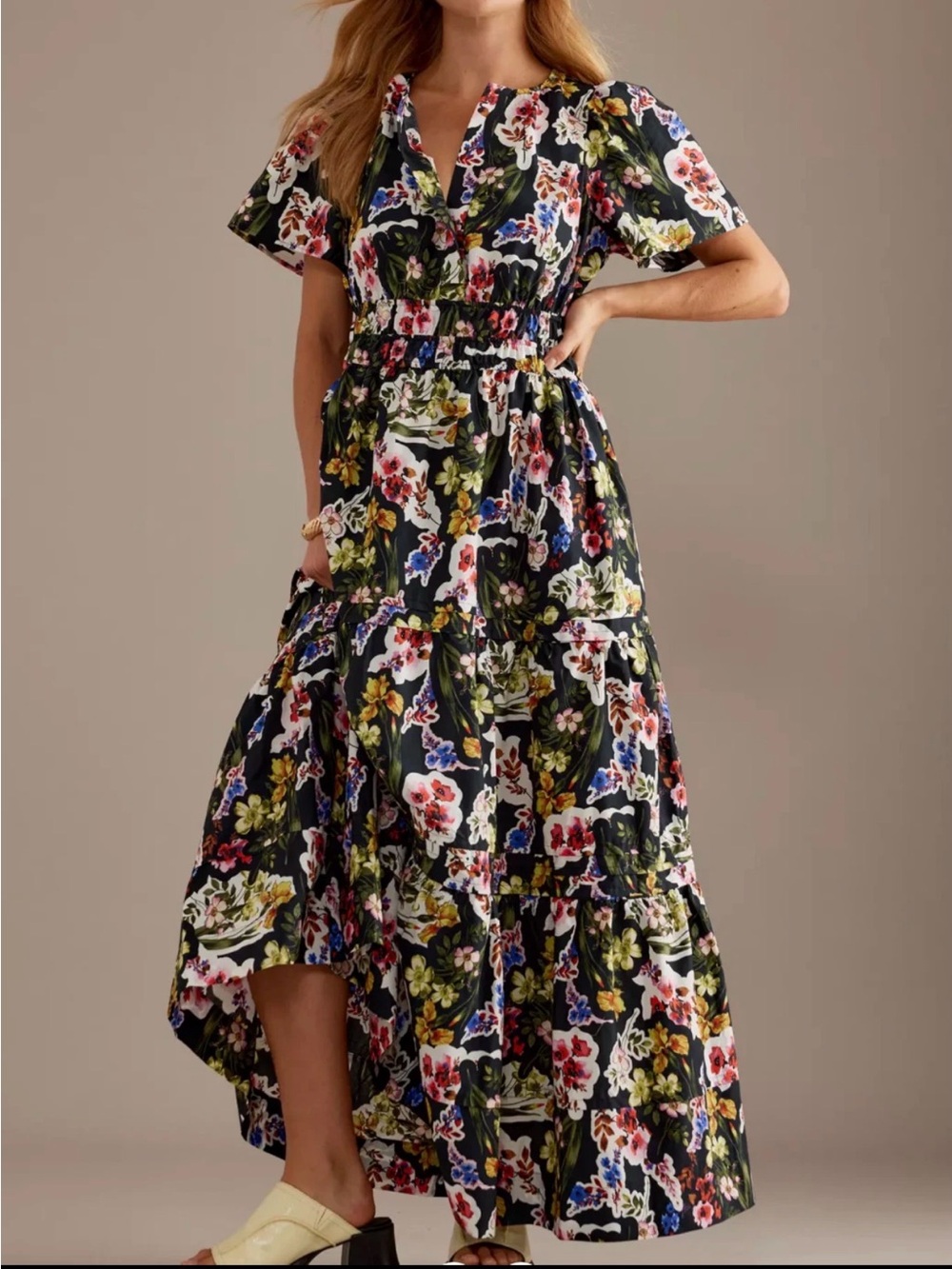 Anthropologie The Somerset Maxi Dress Short Sleeve Black Floral Smocked Waist XL - Picture 1 of 11